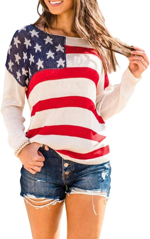 BRUBOBO Womens Color Block Pullover Sweaters Striped Long Sleeve American Flag Graphic Knit Sweat... | Amazon (US)