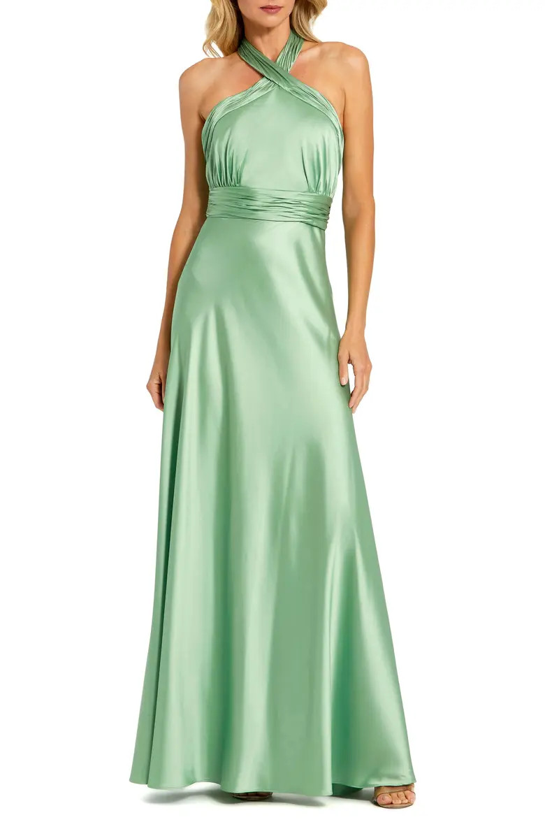 Mac Duggal Ruched Halter Neck Tie Back Satin Gown | Nordstrom | Nordstrom