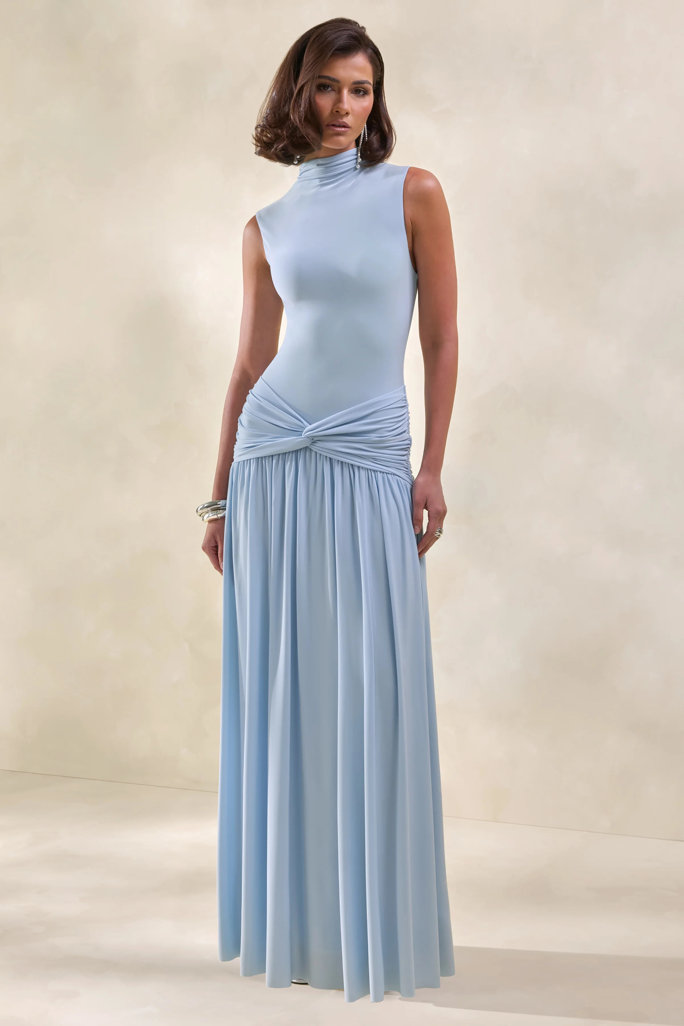 Glimora | Powder Blue High-Neck Maxi Dress With Ruched-Detailing | Club L London