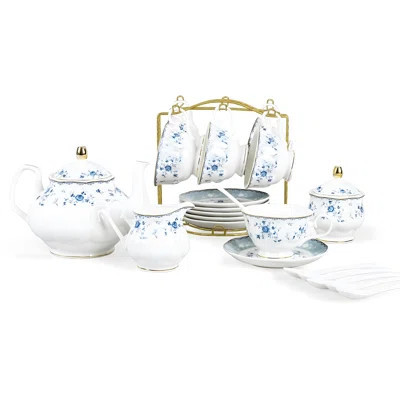 15 Piece Blue Rose Porcelain Tea Set, British Style Floral Teapot With Cups And Saucers, Elegant Tea Party Set For 6, Dishwasher Safe | Wayfair North America