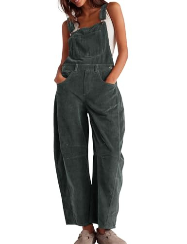 COZYPOIN Womens Corduroy Overalls Summer Loose Comfy Barrel Wide Leg Jumpsuit Adjustable Straps Bib Rompers with Pockets Dark Grey | Amazon (US)