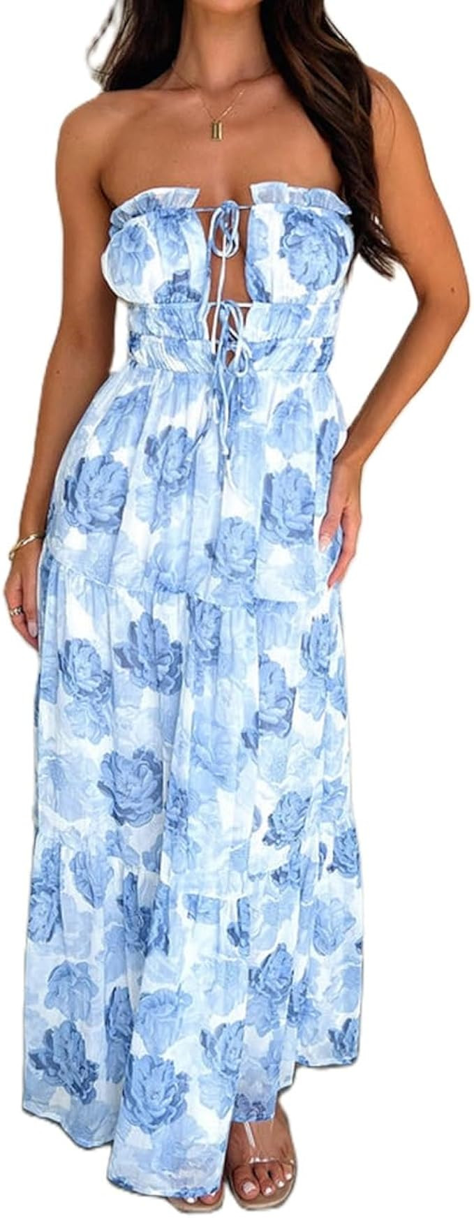 Women Strapless Floral Maxi Dress Summer Sleeveless Backless Tube Top Pleated Long Dress Club Par... | Amazon (US)