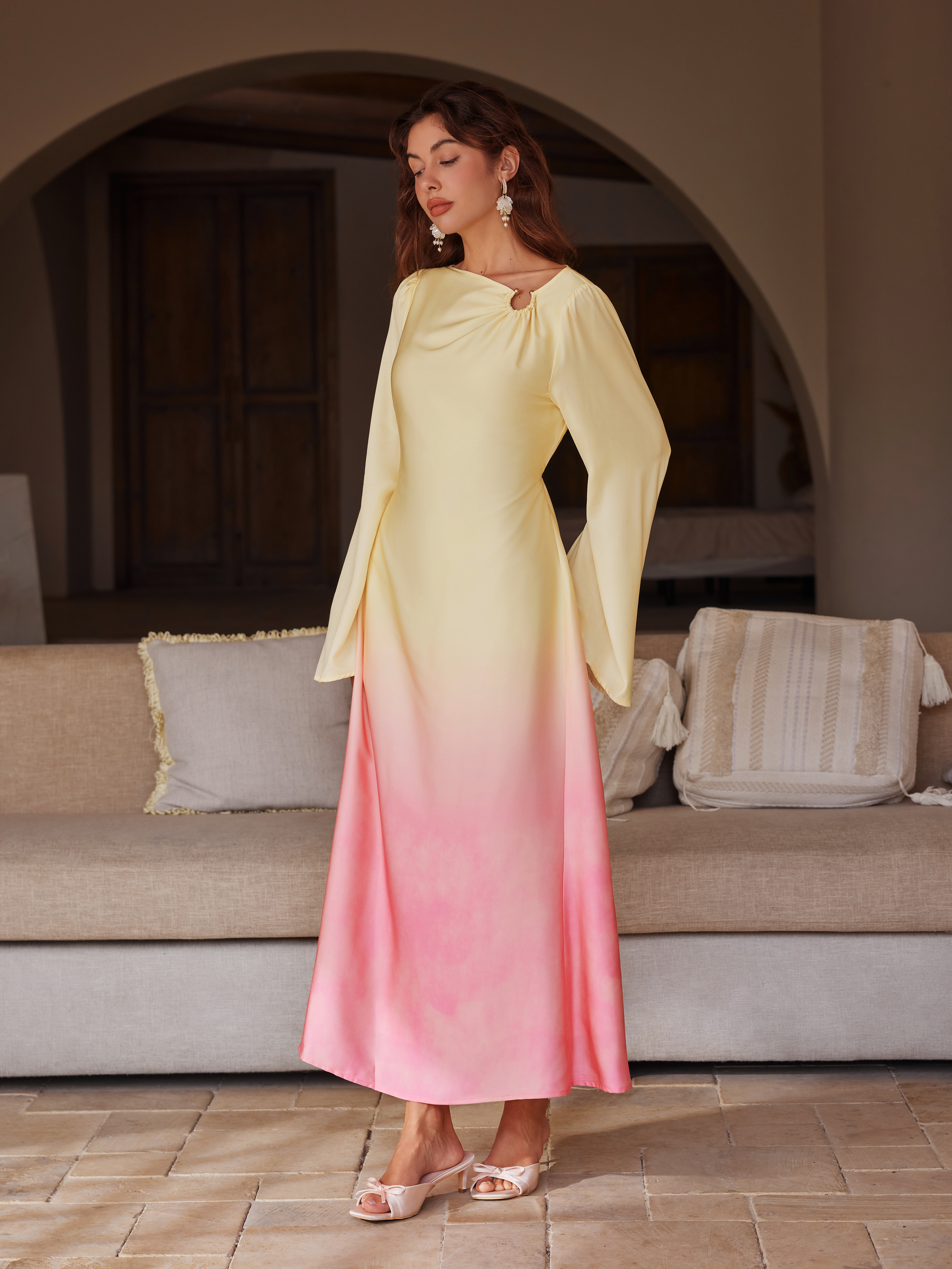 Satin Boat Neck Pierced Gradient Maxi Dress | Cider