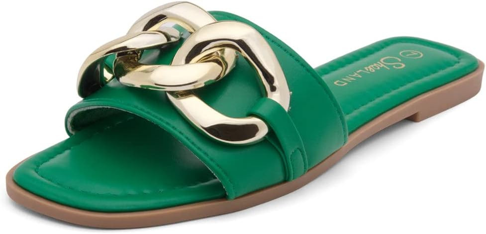 Shoe Land Women's Flat Sandals - Square Open Toe Single Band Fashion Slides with Metal Chain Dres... | Amazon (US)