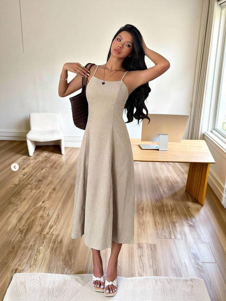 SHEIN EZwear Old Money Dress Back To School Fall Clothes Women's Casual Solid Color Woven Spaghetti Strap Dress, Summer Tan Dress Women Corduroy Dress | SHEIN