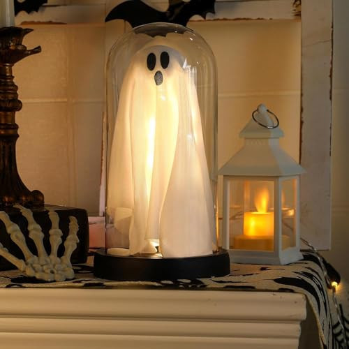 Halloween Ghost Decor,Light Up Ghost in Glass Cloche,Halloween Indoor Night Light,Cute White Ghost Lamp for Home Kitchen Office Mantel Tabletop Party Decor and Holiday Decorations | Amazon (US)
