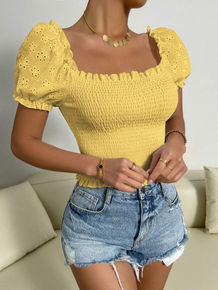 SHEIN Privé Eyelet Embroidery Puff Sleeve Shirred Top | SHEIN