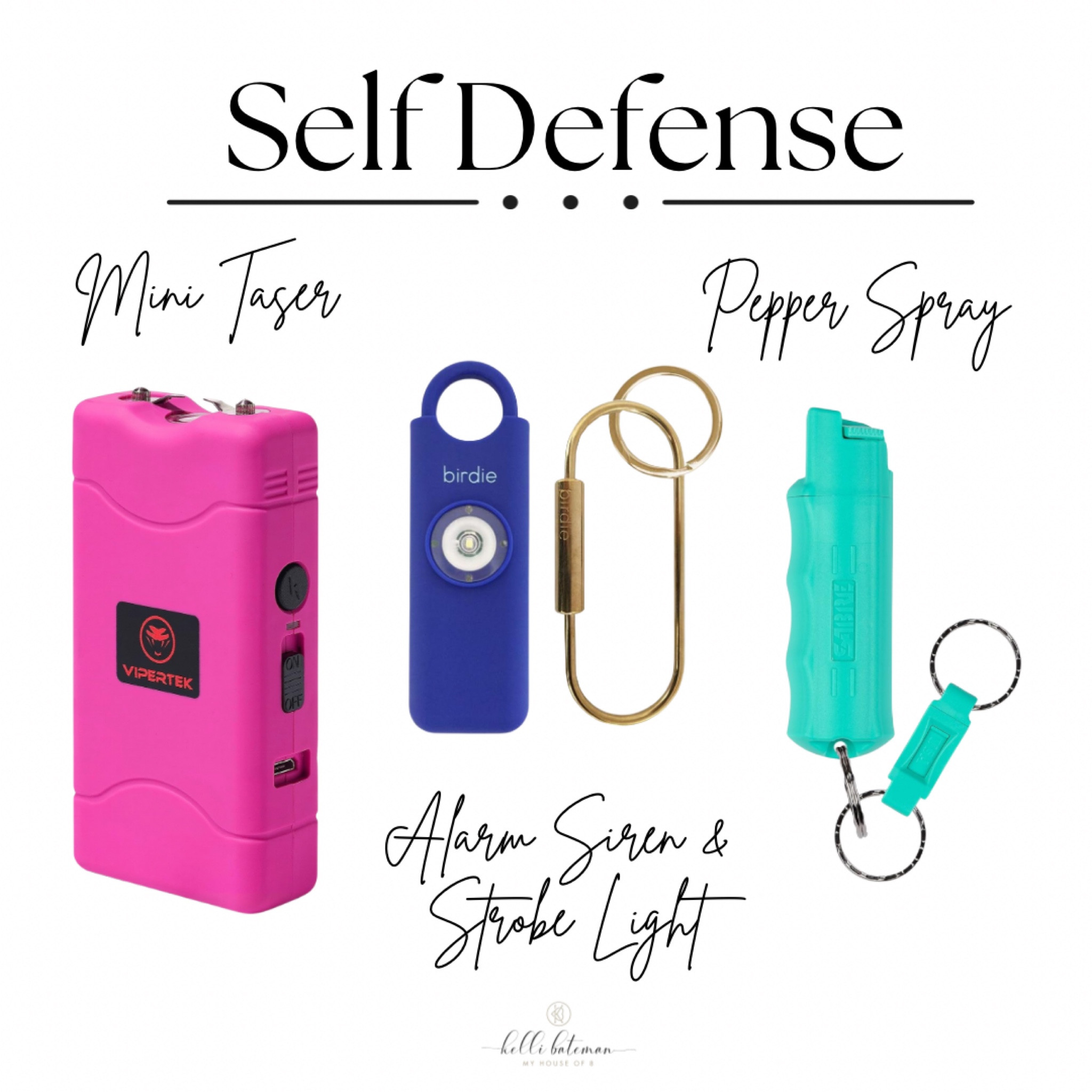 Self defense necessities from Amazon. Mini taser that fits in your purse, mini pepper spray and birdie alarm that sounds a siren and strobe light when pulled. 
I’ve linked the exact products I have purchased as well as the new security cameras I just bought. We have had the doorbell for years and love it. 
I have also linked some other options for self defense you can compare between. 