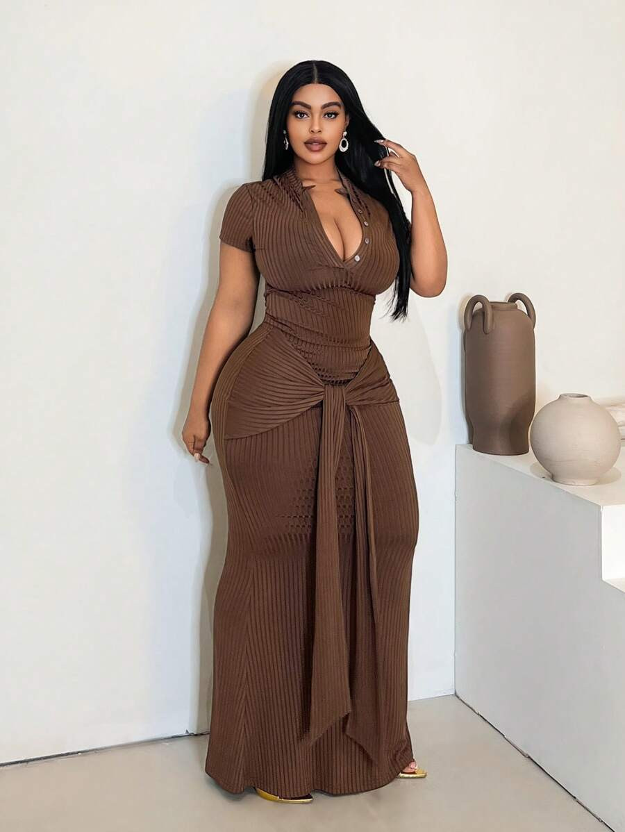 Maweii 2pcs Plus Size Solid Color Short Sleeve Fitted Top And Skirt Set | SHEIN