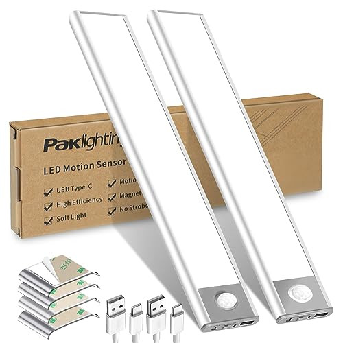 30LED Motion Sensor Under Cabinet Lights, 9.05in Closet Lights Rechargeable 1500mAh Battery Type-C USB Wireless Magnetic Under Counter Light for Kitchen,Wardrobe, Cupboard, Stairs-(Cold White,2 Pack) | Amazon (US)