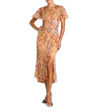 Mac Duggal V-Neck Short Flutter Sleeve Sequined Printed Mesh Faux Wrap Midi Dress | Dillard's | Dillard's