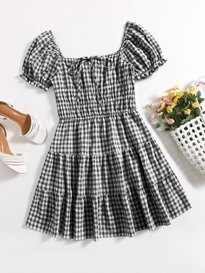 SHEIN Puff Sleeve Ruched Detail Gingham Dress | SHEIN