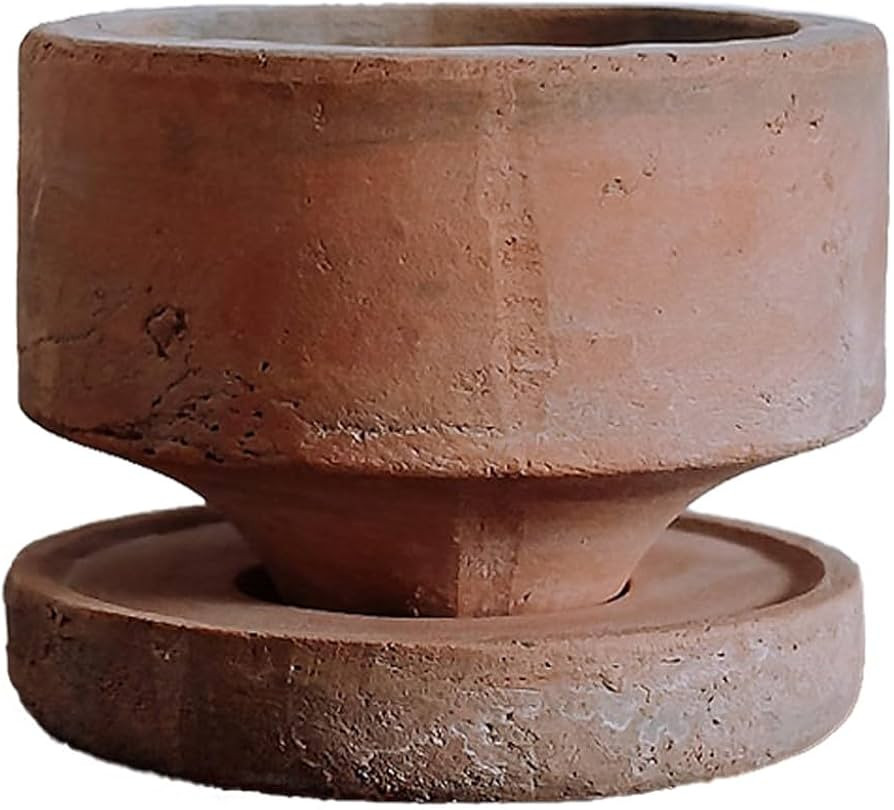 6" Rustic Weathered Terracotta Plant Pot with Drainage Saucer, Breathable Clay Planter, Mid-Centu... | Amazon (US)