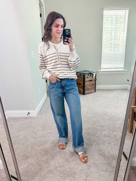 Casual #ootd | striped sweater, baggy jeans, slide sandals (all tts)

#LTKstyletip
