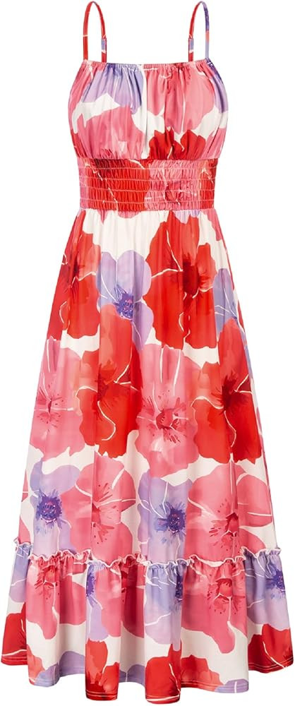 GRACE KARIN Womens 2025 Summer Maxi Dress Sleeveless Floral Spaghetti Strap Smocked Boho Beach Lo... | Amazon (US)