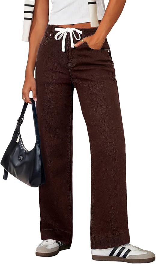 Sidefeel Women's High Waisted Straight Leg Jeans Drawstring Denim Pants | Amazon (US)