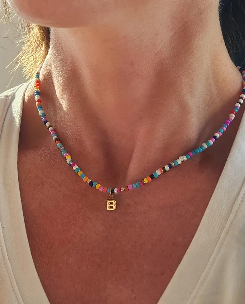 Beaded Multicolored Necklace Rainbow Jewelry Custom Gold Initial Charm Choose Multiple Colorful S... | Etsy (US)