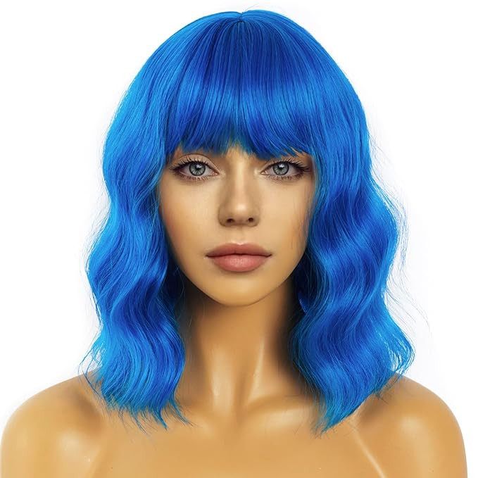 Short Bob Wavy Wig with Bangs for Women Loose Curly Shoulder Length Synthetic Cosplay Wig Bob for... | Amazon (US)