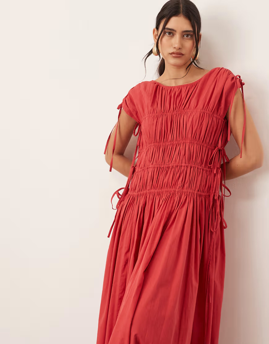 ARRANGE clean cotton drawstring detail trapeze midi dress with pockets in washed red | ASOS (Global)