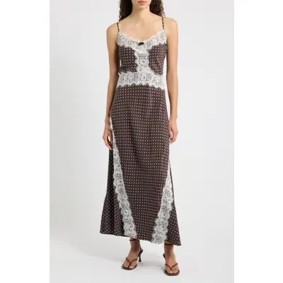 Hill House Home The Francesca Lace Trim Midi Slipdress in Lindsay Dot Chocola at Nordstrom, Size Medium | Nordstrom