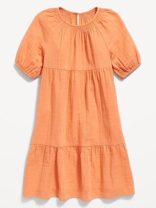 Crepe Puff-Sleeve Tiered Knee-Length Dress for Girls | Old Navy (US)