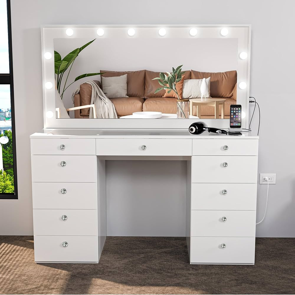 Boahaus Orla Modern Makeup Vanity Desk with Light Bulbs Built-in, USB Port and Power Outlet, 11 D... | Amazon (US)