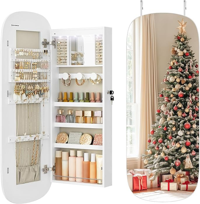 SONGMICS Jewelry Organizer, LED Jewelry Cabinet Wall/Door Mounted, Lockable Rounded Wide Mirror w... | Amazon (US)