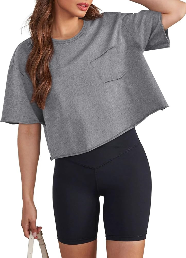 SAMPEEL Crop Tops for Women Workout Summer Tops Boxy Baggy Basic Tee Shirts with Pocket Tshirts S... | Amazon (US)