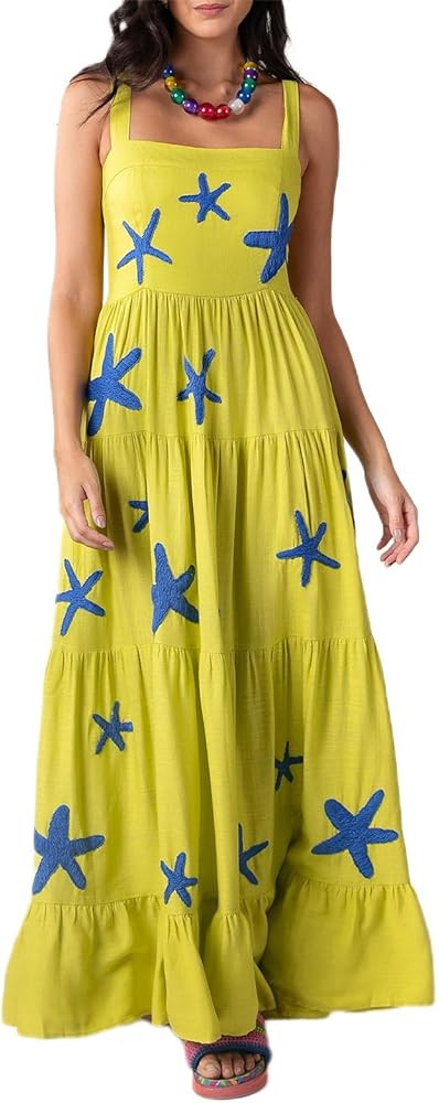 Women Boho Embroidered Cami Maxi Dress Sleeveless Floral Spaghetti Strap Maxi Dress Flowy Bohemia... | Amazon (US)