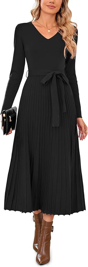 Arach&Cloz Women's Wool Blend Tie Waist Pleated Fall Sweater Dress 2025 | Amazon (US)