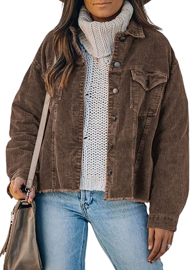 Amazon.com: Dokotoo Womens Winter Plus Size Casual Corduroy Jacket Women Plain Autumn Long Sleeve... | Amazon (US)