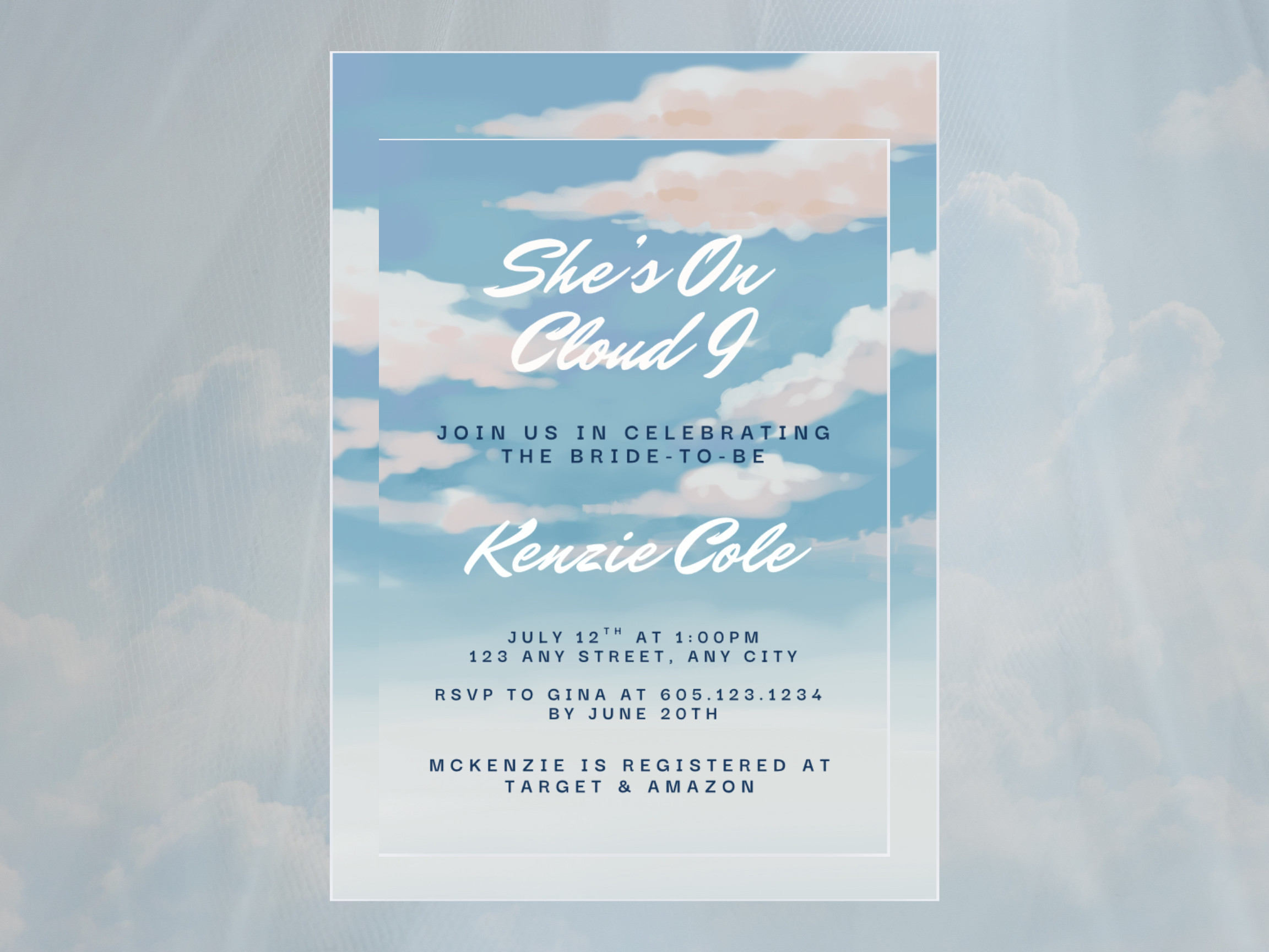 ☁️✨ She’s on Cloud 9 — and so will your guests be when they receive this dreamy bridal shower invite 💍💌
Soft pastels, modern vibes, and totally customizable 🕊️
Perfect for the bride who's floating on love!

Shop the digital template now on Etsy 🤍👇

#BridalShowerInvite #Cloud9Theme #EtsyFinds #ModernBridalShower #SheSaidYes #DigitalDownload #WeddingSeasonVibes 

 