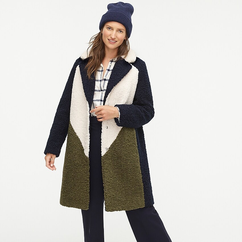 Petite teddy sherpa topcoat in colorblock | J. Crew US