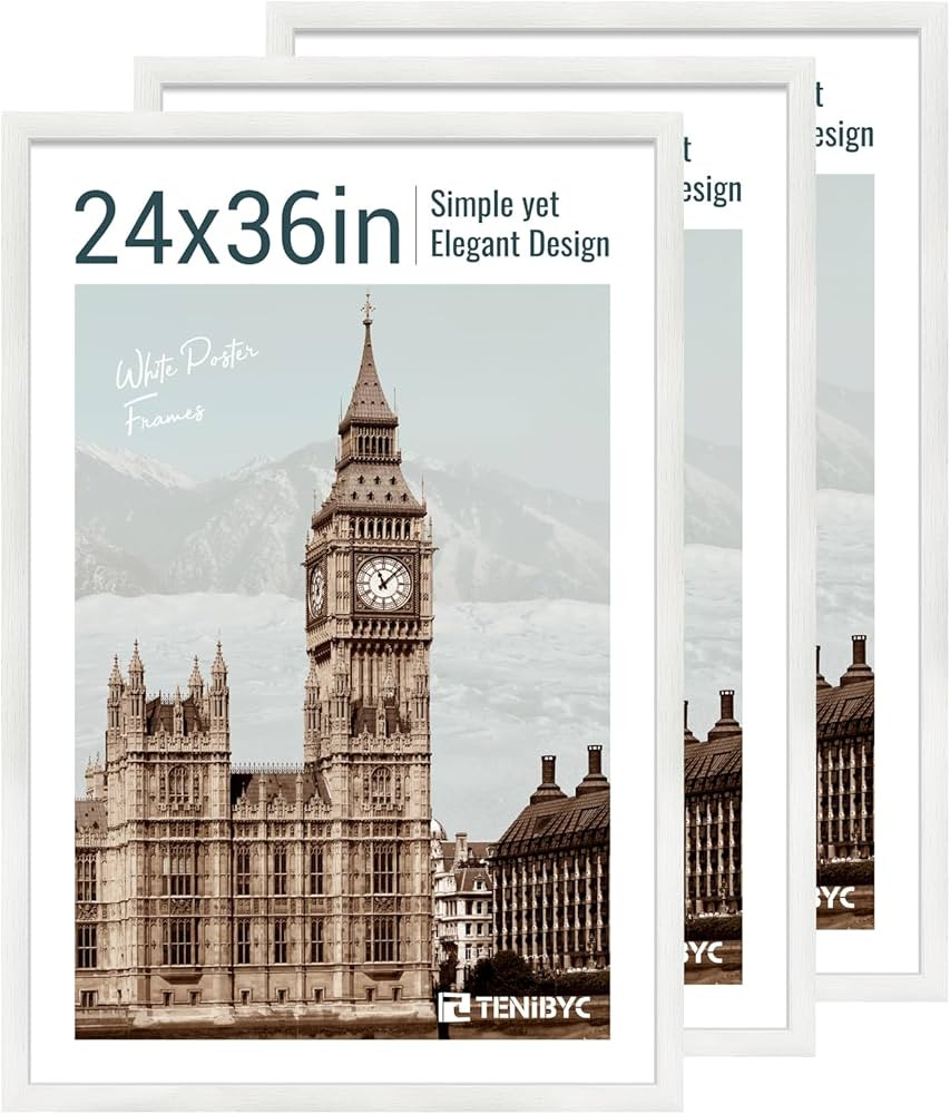 24x36 Poster Frame 3 Pack - White Woodgrain, Solid Wood Picture Frame, Wall Gallery Frame - Wall ... | Amazon (US)