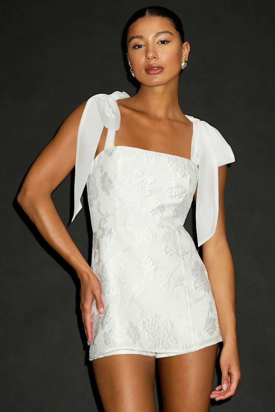 Esihle White Jacquard Tie-Strap Skort Romper | Lulus