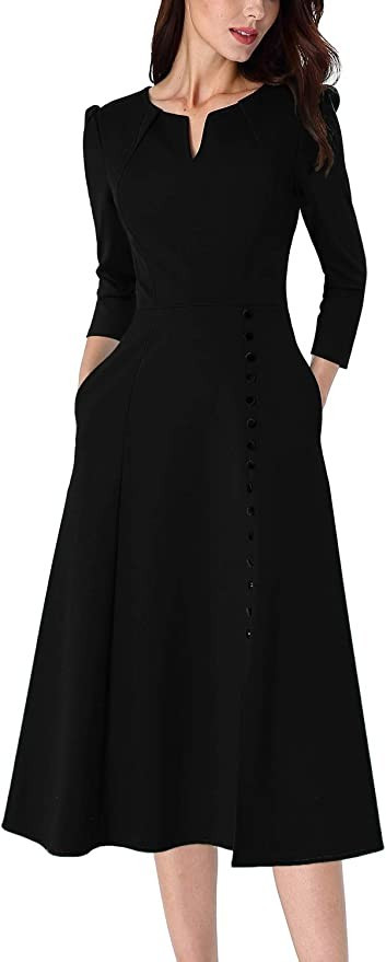 VFSHOW Women Pleated Neck Pockets Buttons Work Office Business A-Line Midi Dress | Amazon (US)