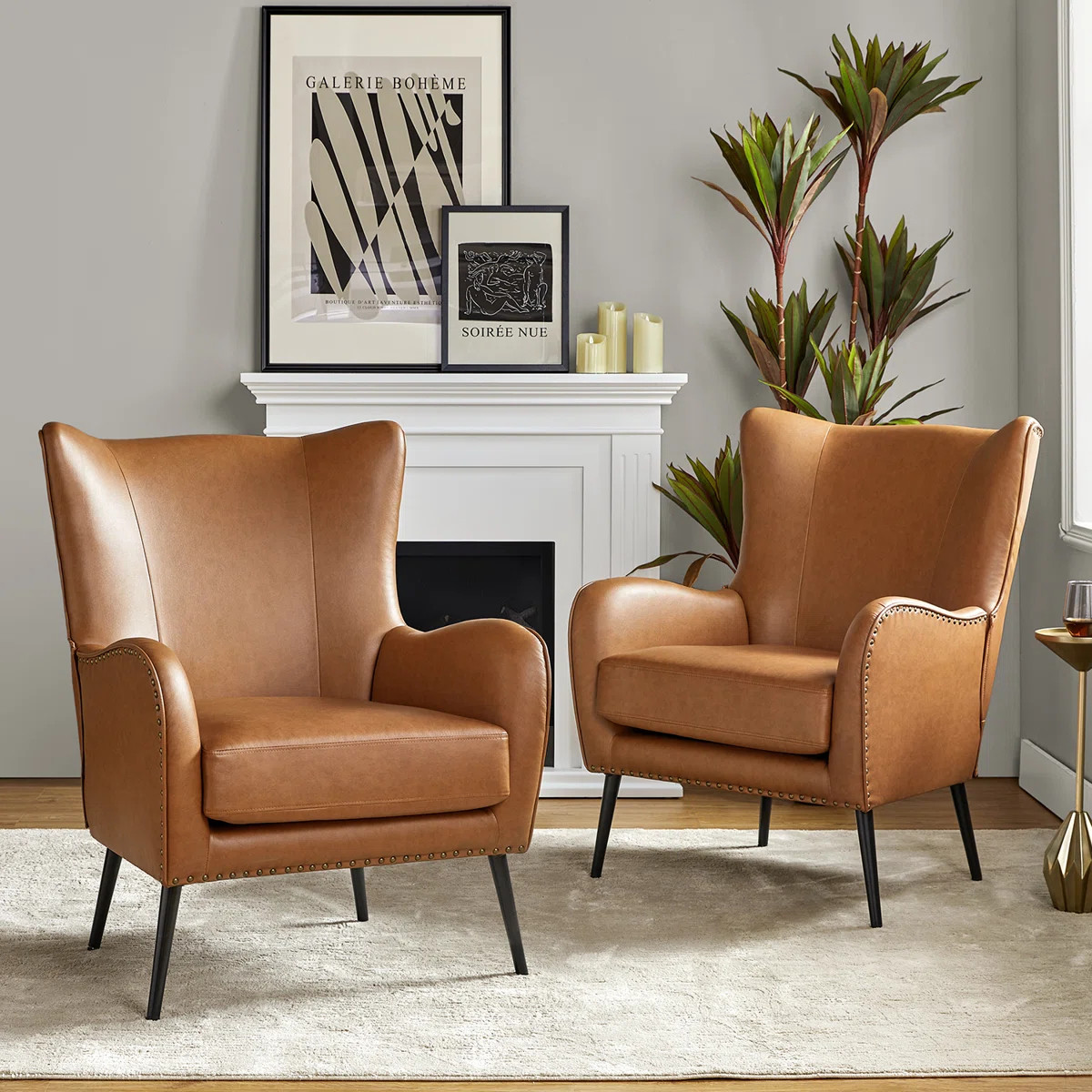 Ebbert 30" W Faux Leather Wingback Armchair with Nailhead Trim (Set of 2) | Wayfair North America