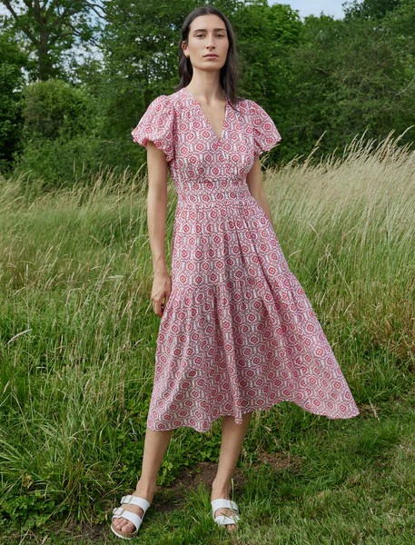 Orla Cotton Maxi Dress - White Pink Circle Carnation Print | Cefinn