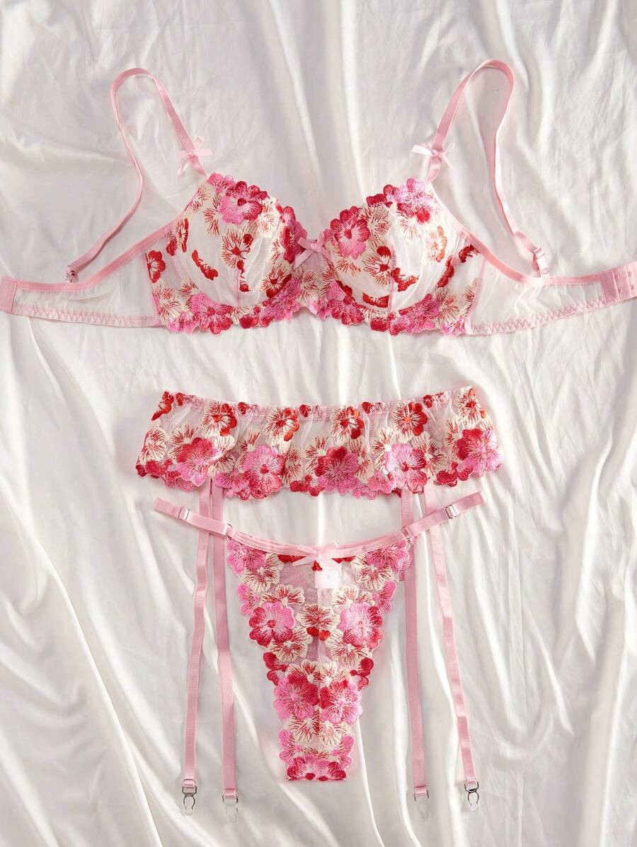 Floral Embroidery Mesh Sexy Lingerie Set | SHEIN