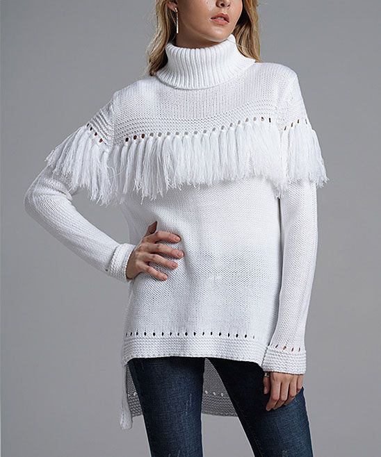 Maison Mascallier Women's Pullover Sweaters White - White Perforated Fringe-Accent Turtleneck - Wome | Zulily