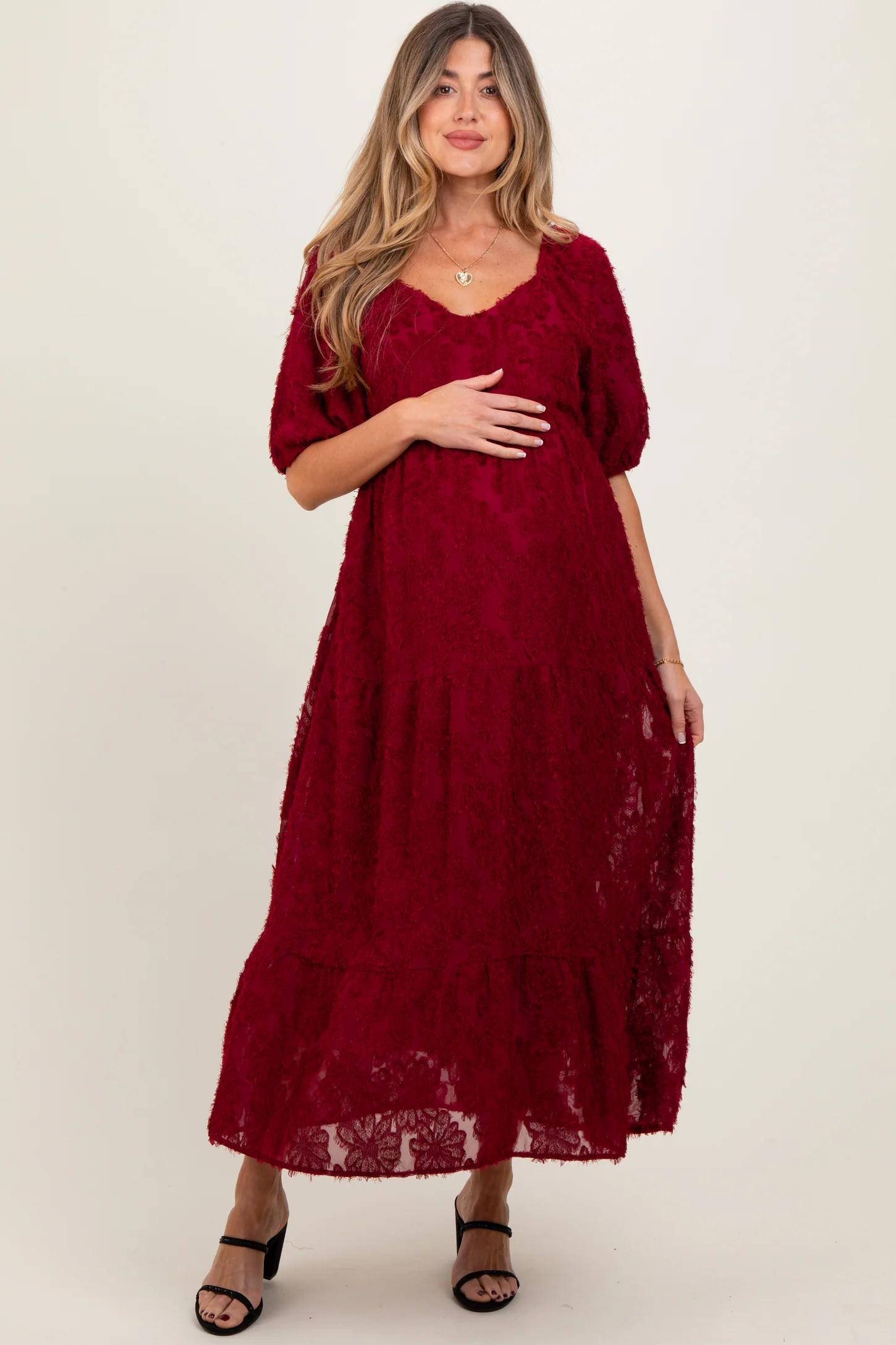 Burgundy Textured Tiered Maternity Midi Dress | PinkBlush Maternity