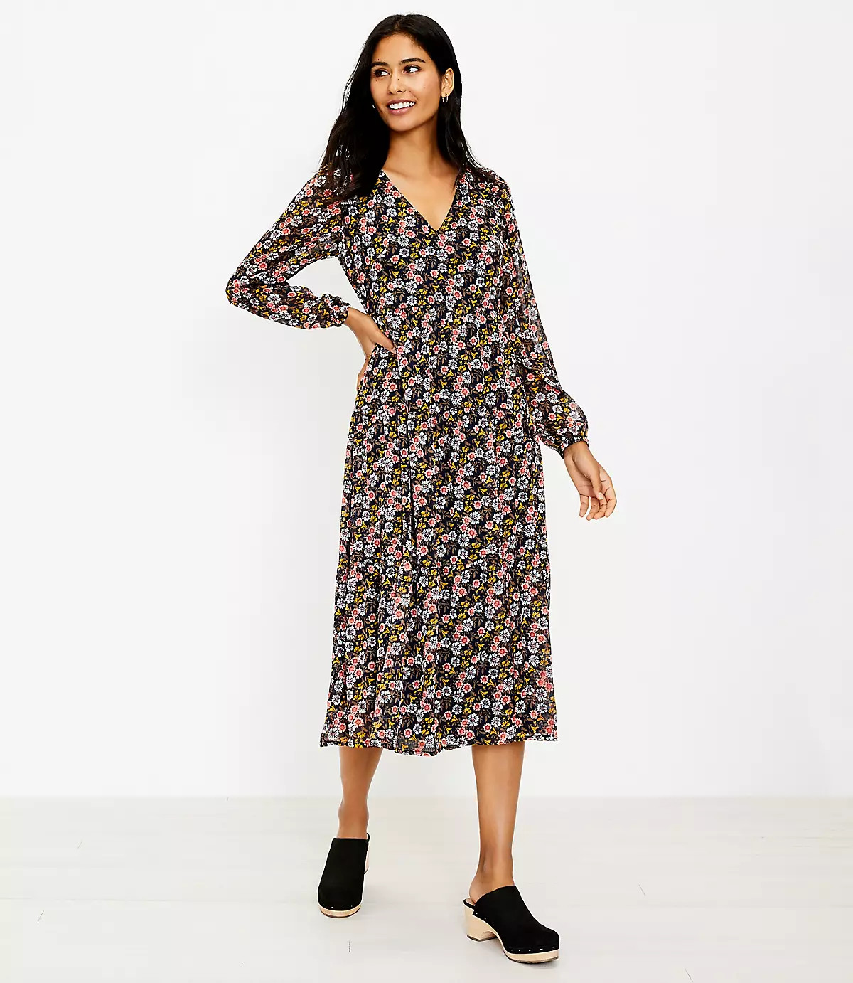 Floral Tiered V-Neck Midi Dress | LOFT