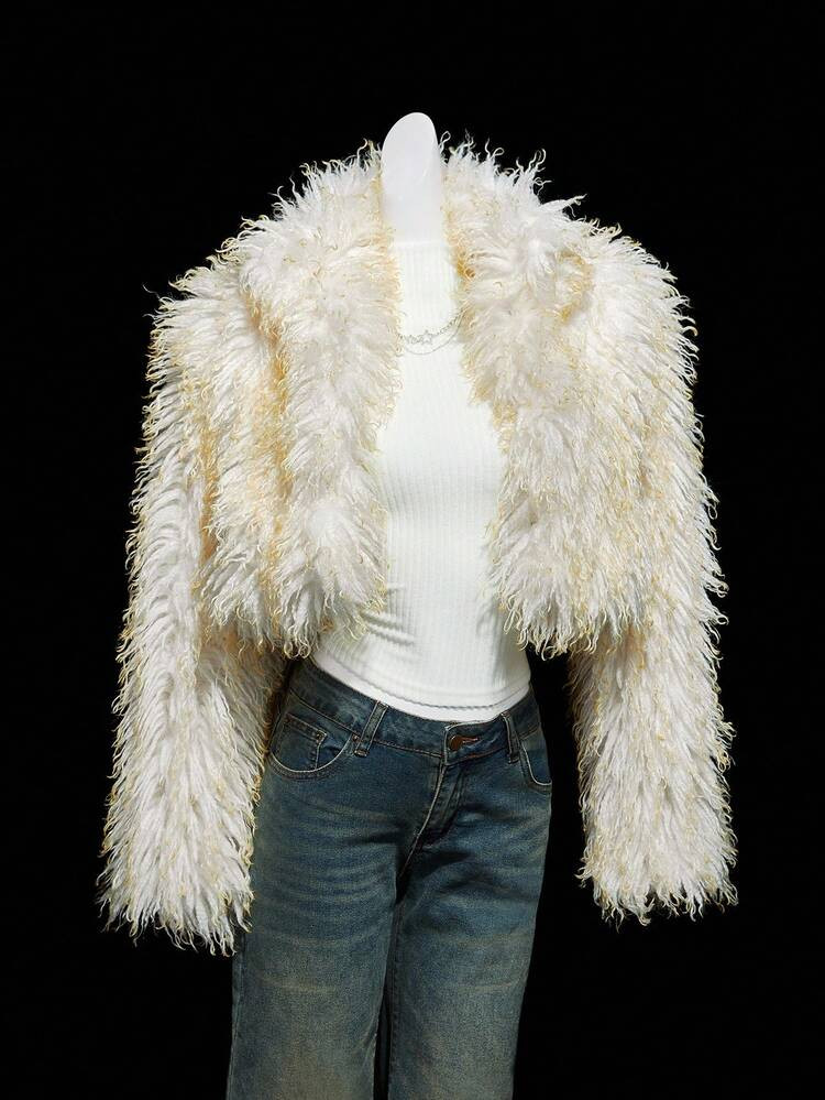 SHEIN ICON Women's Faux Fur Cropped Jacket In Pale Yellow,Pink And White,Winter,Elegant,Night Out... | SHEIN