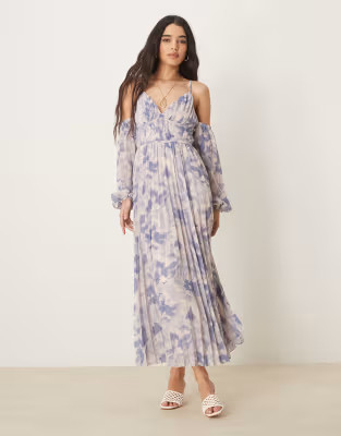 ASOS DESIGN plunge bardot pleated midaxi dress in floral print | ASOS (Global)