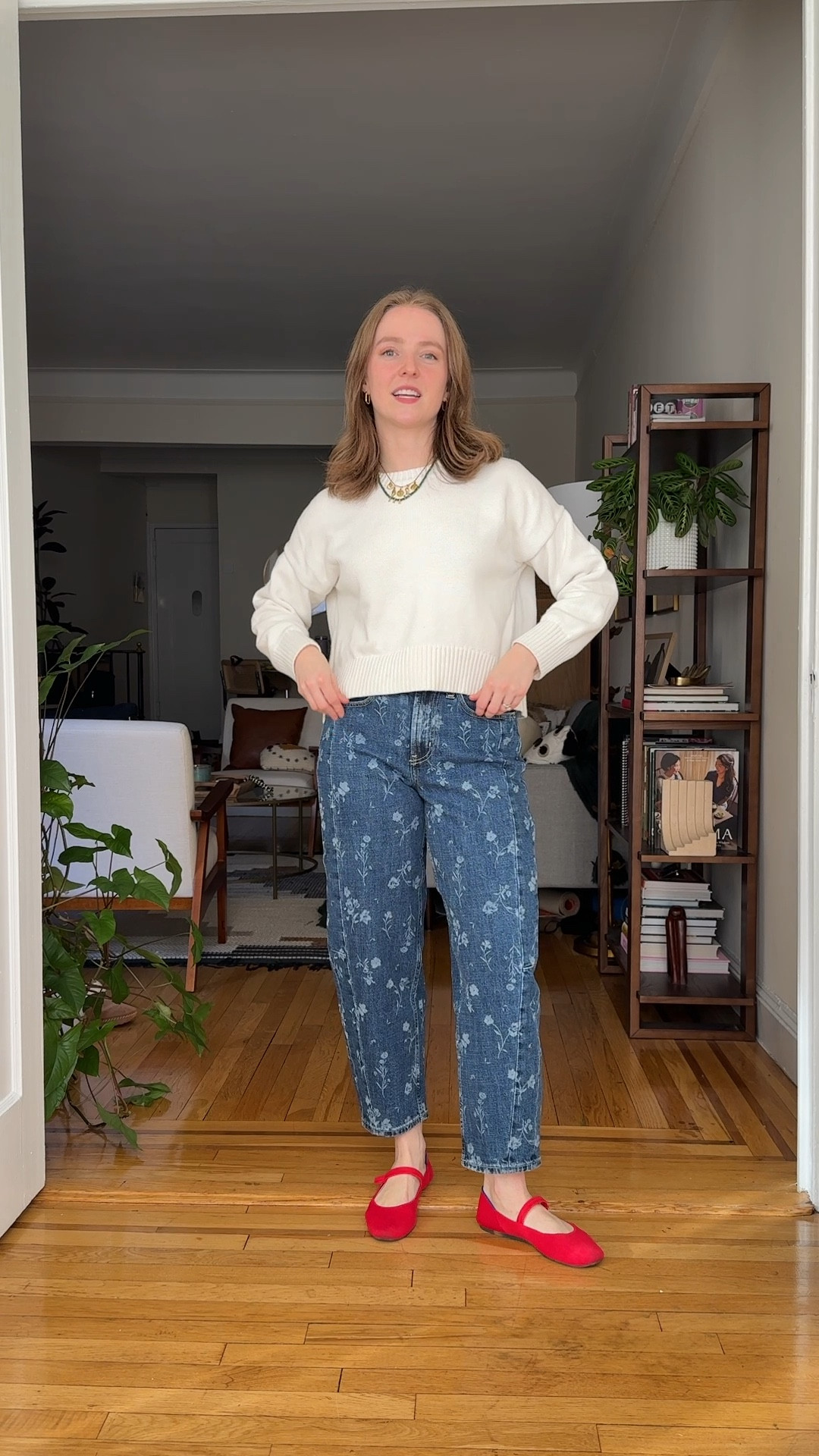 The cutest old navy floral barrel jeans for spring. Wearing 0 regular. I’m 5ft 2 117 lbs. xs organic cotton sweater.  Size up 1/2 in washable flats

#LTKPetite #LTKSaleAlert