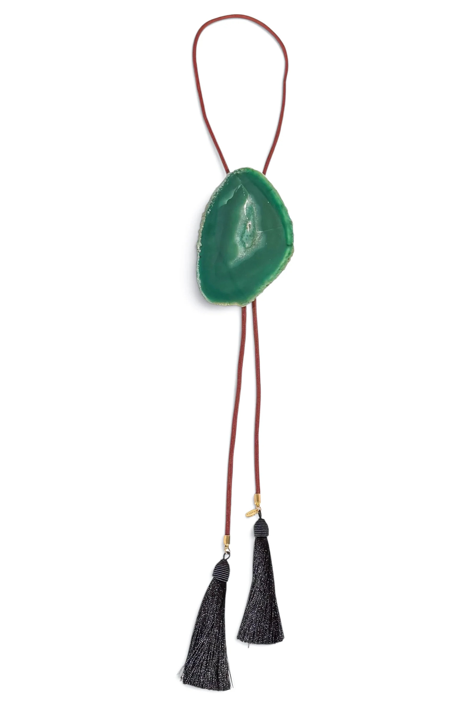 Green Geode Bolo with Maroon Rope and Black Tassel Necklace Green/Black | The Willow Tree