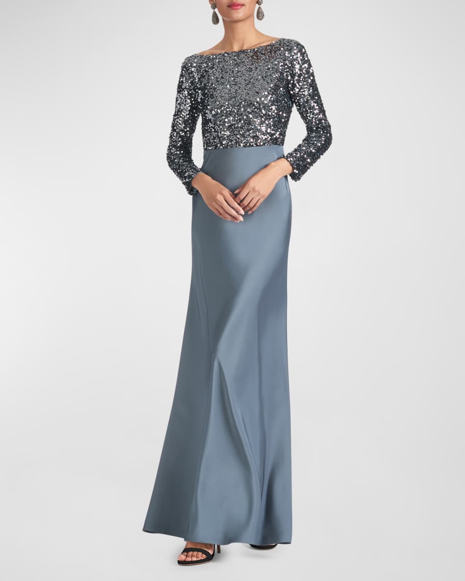 Sachin & Babi Colette Long-Sleeve Sequin Satin A-Line Gown | Neiman Marcus