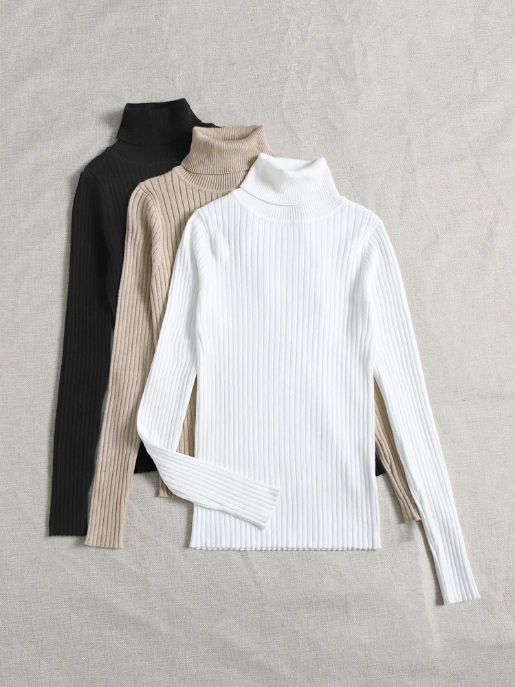 SHEIN LUNE 3pcs/Set Turtleneck Ribbed Fashionable All-Match Pullover Sweaters For Women, Autumn/W... | SHEIN