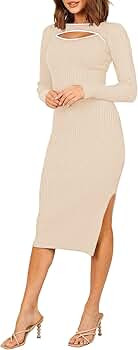 Pink Queen Women's Crew Neck Long Sleeve Bodycon Cutout Front Side Slit Ribbed Midi Sweater Dress | Amazon (US)