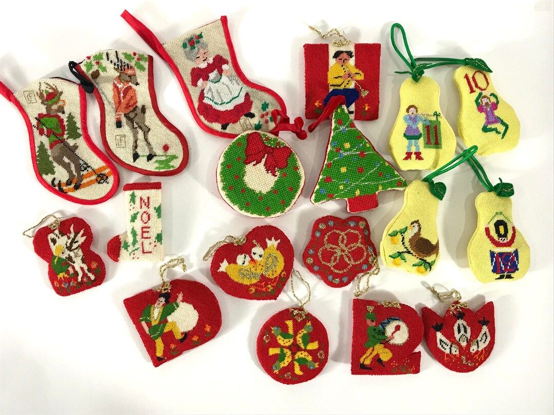 Vintage Christmas Needlepoint Ornaments Lot of 18 Petite - Etsy | Etsy (US)